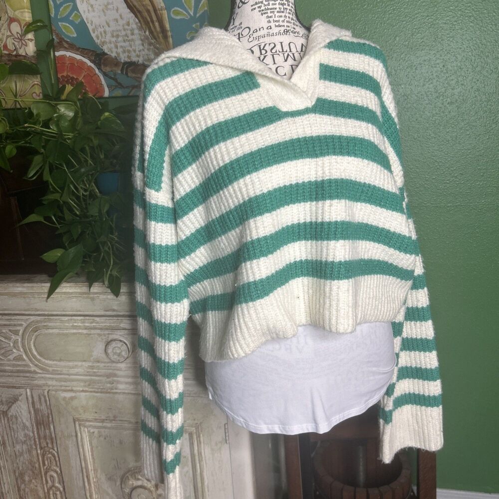Women’s Green And White Striped Sweater By Sincerely Jules Size L